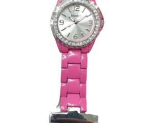 Henley Womans Pink Enamel Link Beauticians Diamante Fob Watch HF01.5 - CLEARANCE NEEDS RE-BATTERY