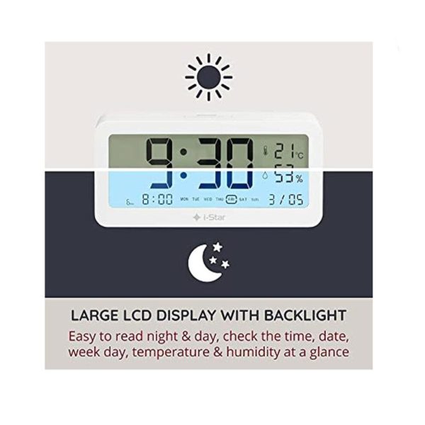 i-Star Portable White Alarm Clock with Temperature and Humidity- 90081PI - Image 4