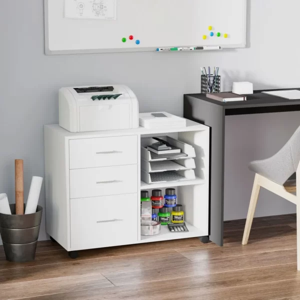 Freestanding Storage Cabinet w/ 3 Drawers 2 Shelves 4 Wheels Office Home White - Image 2