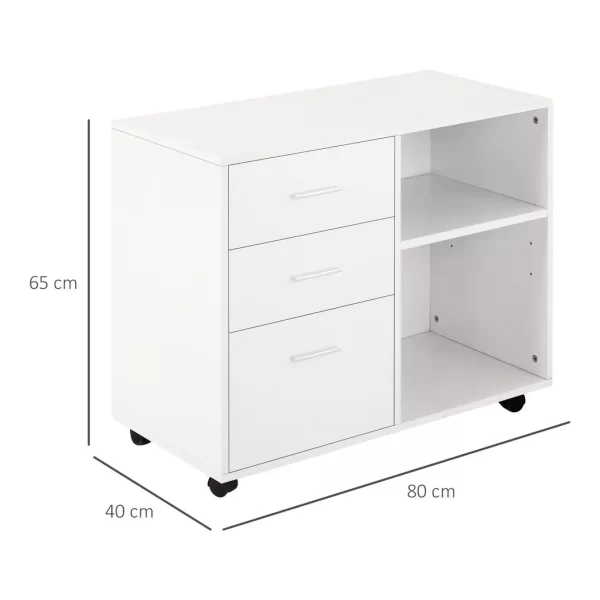 Freestanding Storage Cabinet w/ 3 Drawers 2 Shelves 4 Wheels Office Home White - Image 3