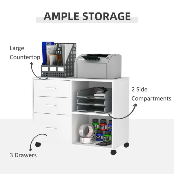 Freestanding Storage Cabinet w/ 3 Drawers 2 Shelves 4 Wheels Office Home White - Image 4