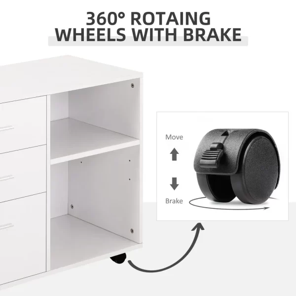 Freestanding Storage Cabinet w/ 3 Drawers 2 Shelves 4 Wheels Office Home White - Image 5
