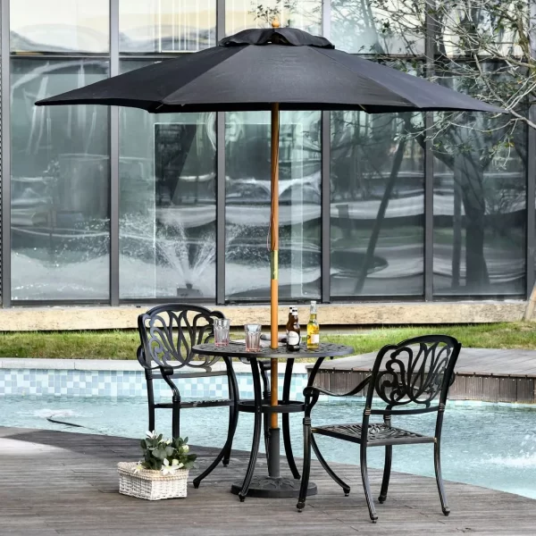 2.5m Wood Garden Parasol Sun Shade Patio Outdoor Wooden Umbrella Canopy Black - Image 2