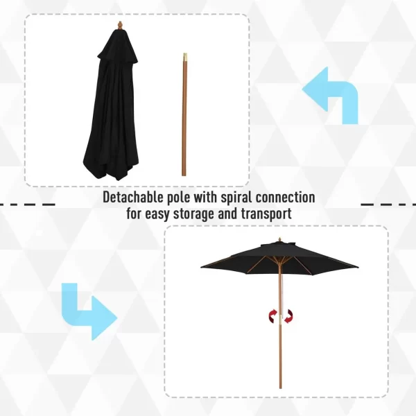 2.5m Wood Garden Parasol Sun Shade Patio Outdoor Wooden Umbrella Canopy Black - Image 4