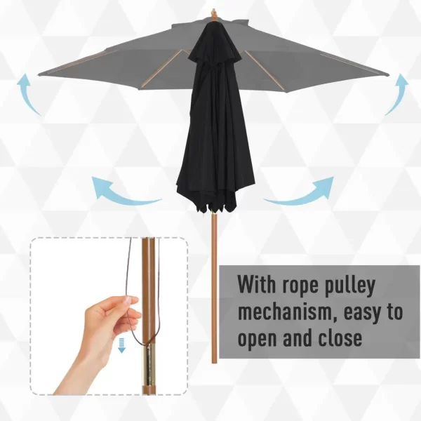 2.5m Wood Garden Parasol Sun Shade Patio Outdoor Wooden Umbrella Canopy Black - Image 6