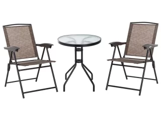 3 PCS Patio Furniture Bistro Set with Folding Chairs Tempered Glass Table Brown