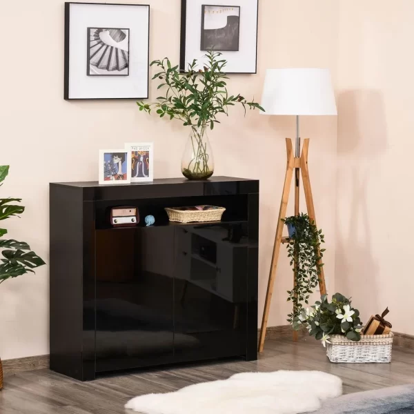 High Gloss LED Cabinet Cupboard Sideboard Console with RGB Lighting Black - Image 2