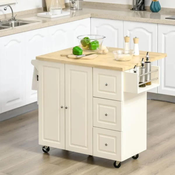 Drop-Leaf Kitchen Island on Wheels Utility Storage Cart with Drawers & Cabinet - Image 2