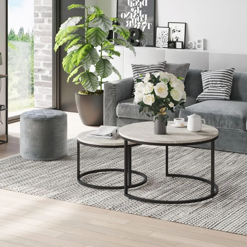 2 Pcs Stacking Coffee Table Set w/ Steel Frame Marble-Effect Top Foot Pads Home - Image 2