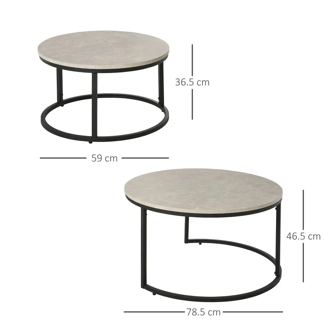 2 Pcs Stacking Coffee Table Set w/ Steel Frame Marble-Effect Top Foot Pads Home - Image 3
