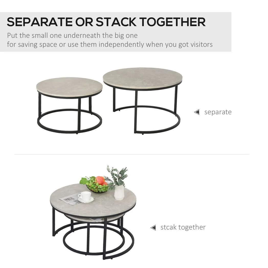 2 Pcs Stacking Coffee Table Set w/ Steel Frame Marble-Effect Top Foot Pads Home - Image 5