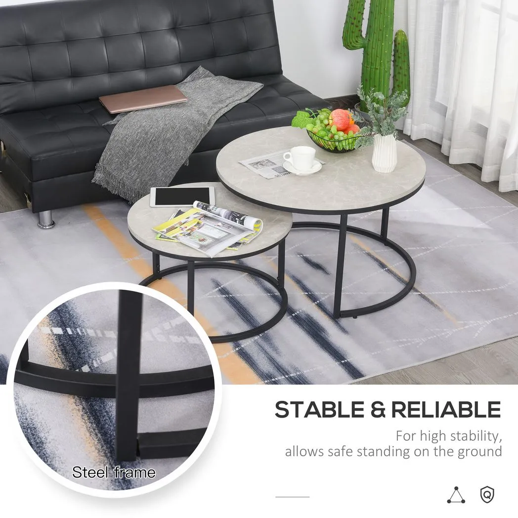 2 Pcs Stacking Coffee Table Set w/ Steel Frame Marble-Effect Top Foot Pads Home - Image 6