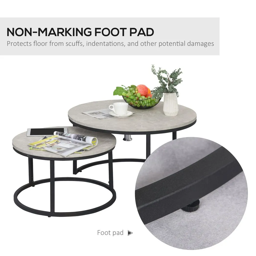 2 Pcs Stacking Coffee Table Set w/ Steel Frame Marble-Effect Top Foot Pads Home - Image 7