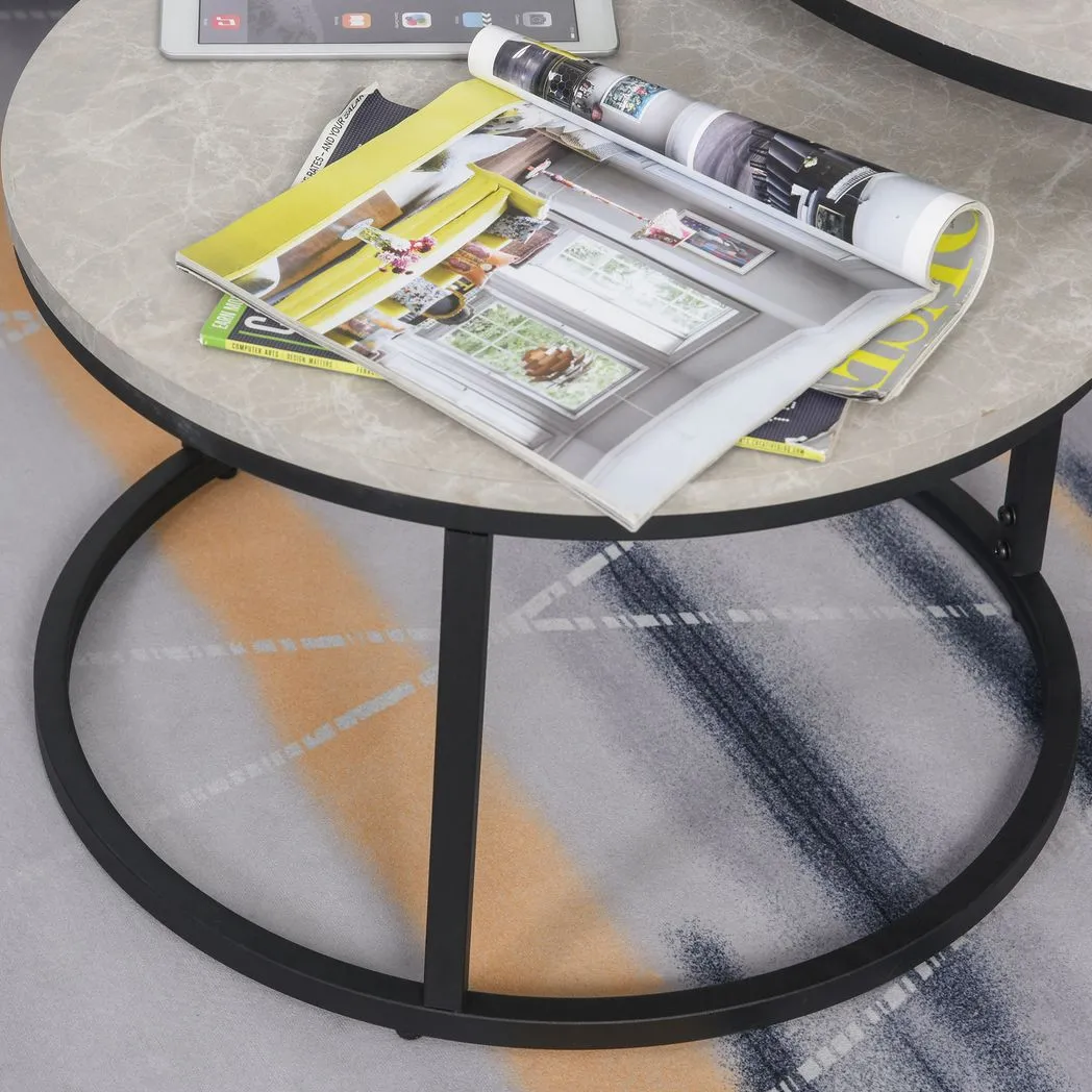 2 Pcs Stacking Coffee Table Set w/ Steel Frame Marble-Effect Top Foot Pads Home - Image 8