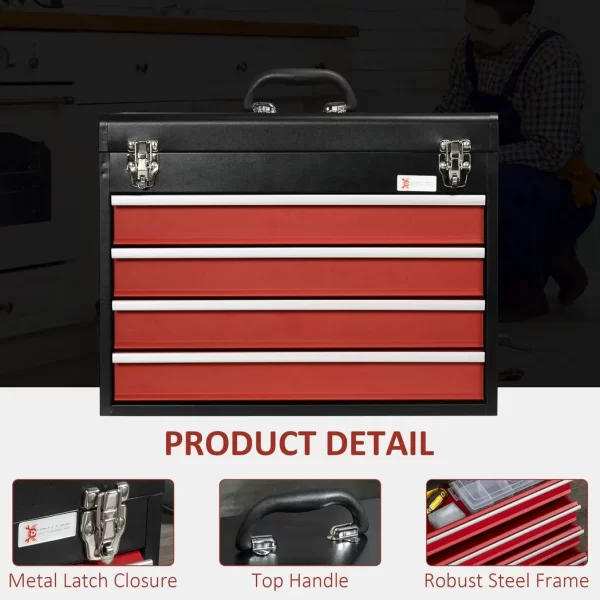 4 Drawer Tool Chest Lockable Tool Box w/ Ball Bearing Runners 51cmx22cmx39.5cm - Image 4