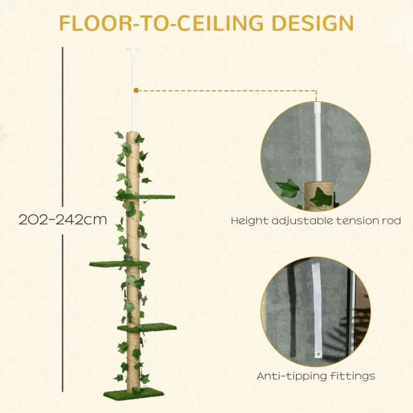 242cm Adjustable Floor-To-Ceiling Cat Tree w/ Anti-Slip Kit - Green - Image 5
