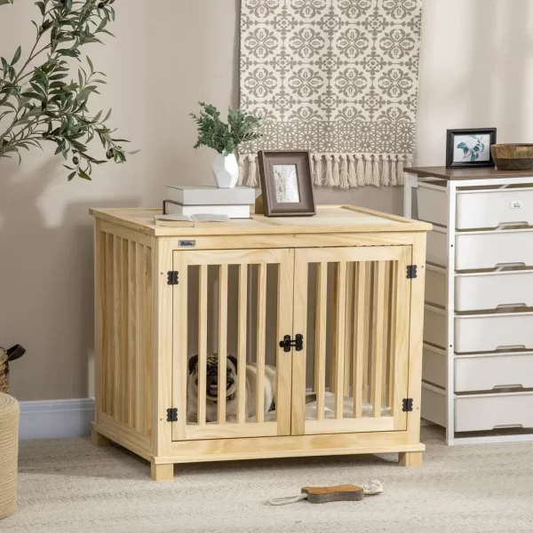 Wooden Dog Crate Furniture w/ Double Doors, Soft Cushion, for Medium Dogs - Image 2