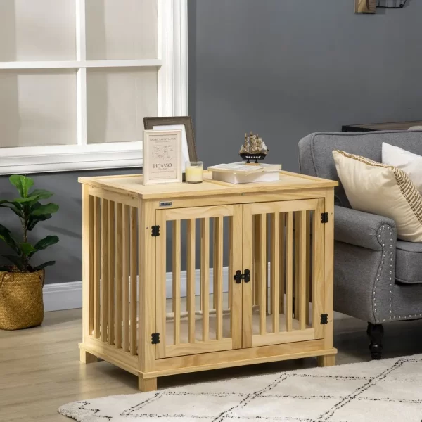 Wooden Dog Crate Furniture w/ Double Doors, Soft Cushion, for Medium Dogs - Image 8
