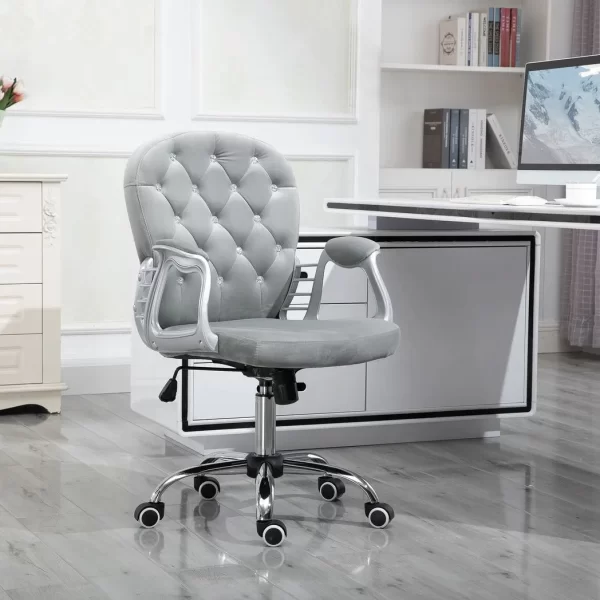 Office Chair Luxury Velour Diamond Tufted Padded Ergonomic 360 Swivel Grey - Image 2