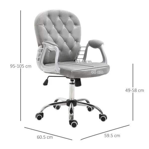 Office Chair Luxury Velour Diamond Tufted Padded Ergonomic 360 Swivel Grey - Image 3