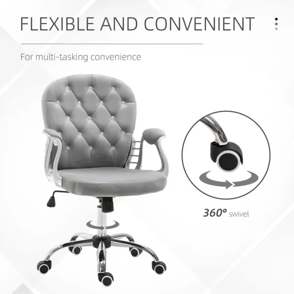 Office Chair Luxury Velour Diamond Tufted Padded Ergonomic 360 Swivel Grey - Image 7