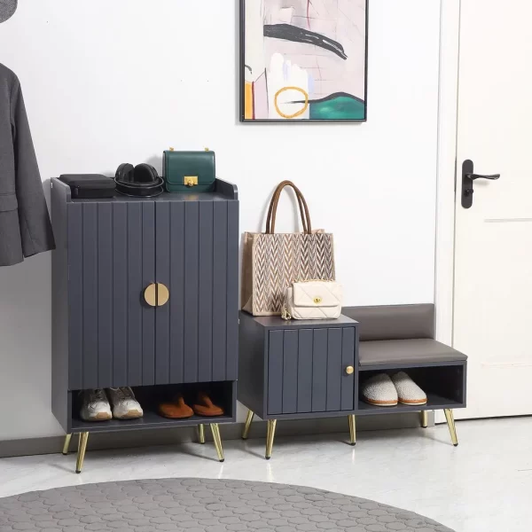 Shoe Bench with Storage Cabinet, Seating Cushion for Entryway Hallway Grey - Image 2