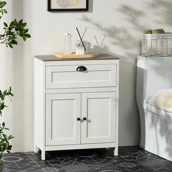 Bathroom Floor Standing Cabinet Storage Organizer w/ Drawer Double Door, White - Image 2
