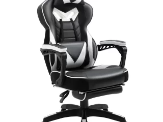 Gaming Chair Ergonomic Reclining w/ Manual Footrest Wheels Stylish Office White
