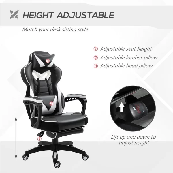 Gaming Chair Ergonomic Reclining w/ Manual Footrest Wheels Stylish Office White - Image 4