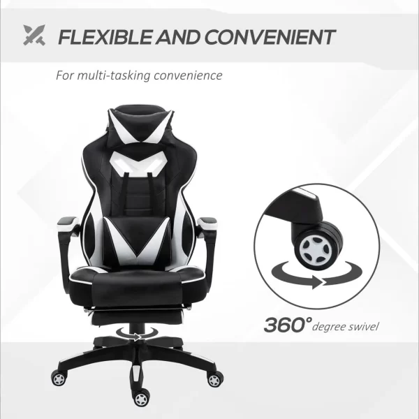 Gaming Chair Ergonomic Reclining w/ Manual Footrest Wheels Stylish Office White - Image 6