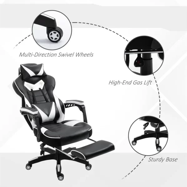 Gaming Chair Ergonomic Reclining w/ Manual Footrest Wheels Stylish Office White - Image 7