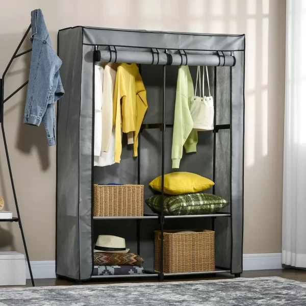 Fabric Wardrobe Portable Fabric Cabinet W/ 4 Shelves 2 Hanging Rails Light Grey - Image 2