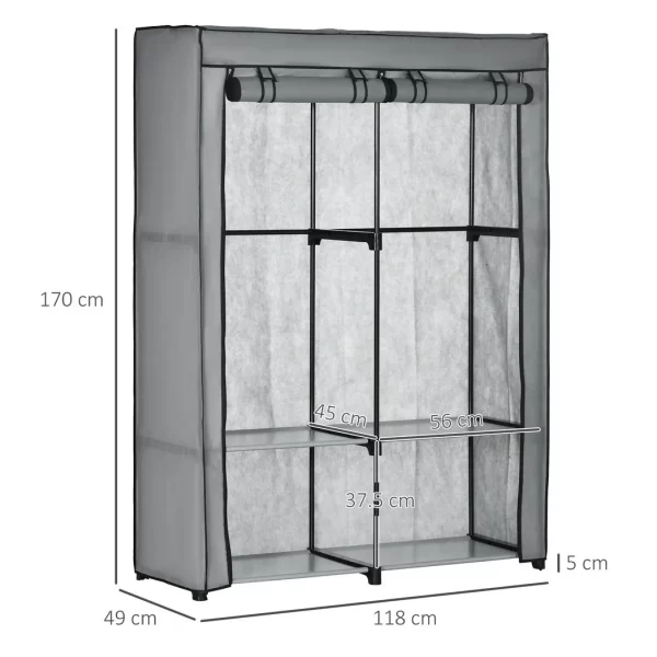 Fabric Wardrobe Portable Fabric Cabinet W/ 4 Shelves 2 Hanging Rails Light Grey - Image 3