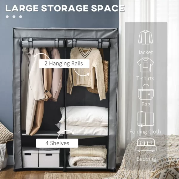 Fabric Wardrobe Portable Fabric Cabinet W/ 4 Shelves 2 Hanging Rails Light Grey - Image 4