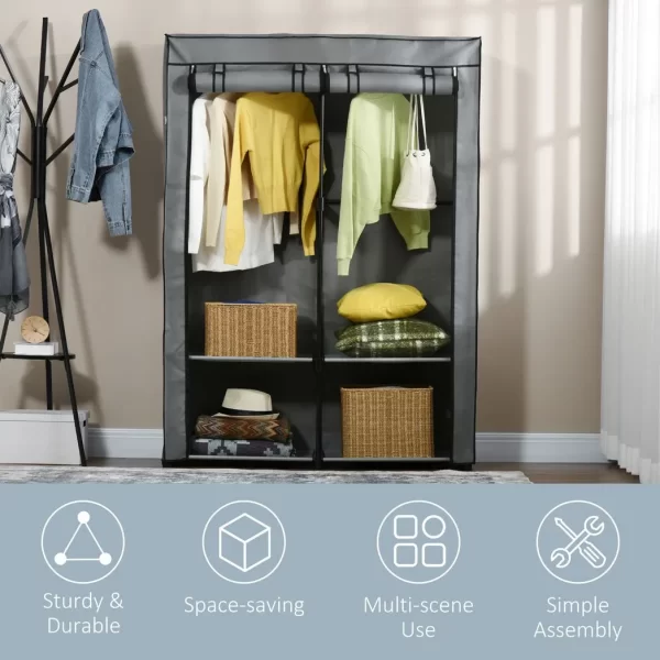 Fabric Wardrobe Portable Fabric Cabinet W/ 4 Shelves 2 Hanging Rails Light Grey - Image 6