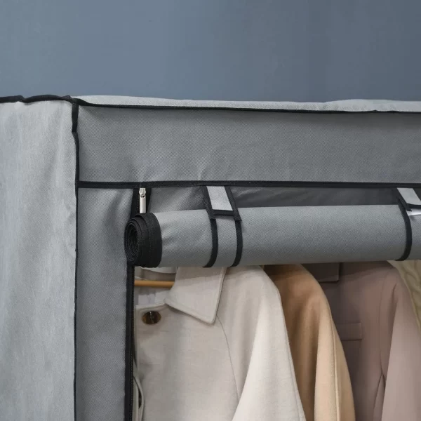 Fabric Wardrobe Portable Fabric Cabinet W/ 4 Shelves 2 Hanging Rails Light Grey - Image 8