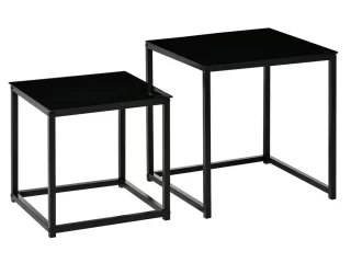 Nest of 2 Side Tables Set of Bedside Tables w/ Tempered Glass Desktop Black