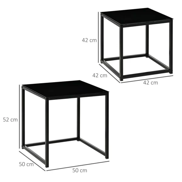 Nest of 2 Side Tables Set of Bedside Tables w/ Tempered Glass Desktop Black - Image 3