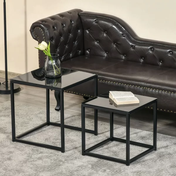 Nest of 2 Side Tables Set of Bedside Tables w/ Tempered Glass Desktop Black - Image 4