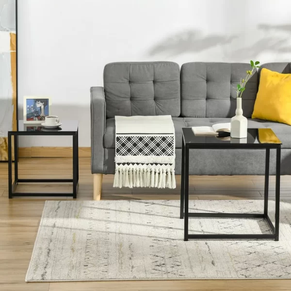 Nest of 2 Side Tables Set of Bedside Tables w/ Tempered Glass Desktop Black - Image 5