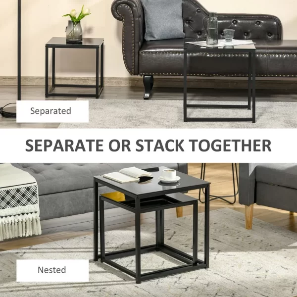 Nest of 2 Side Tables Set of Bedside Tables w/ Tempered Glass Desktop Black - Image 6