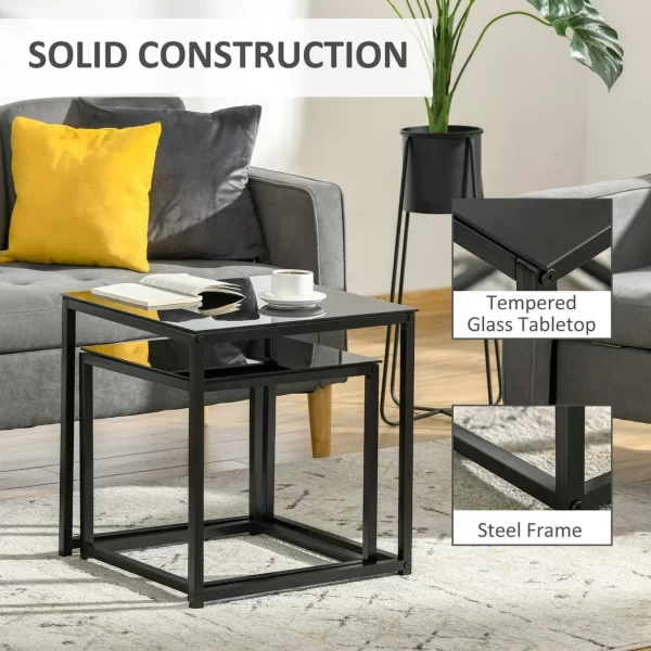 Nest of 2 Side Tables Set of Bedside Tables w/ Tempered Glass Desktop Black - Image 7