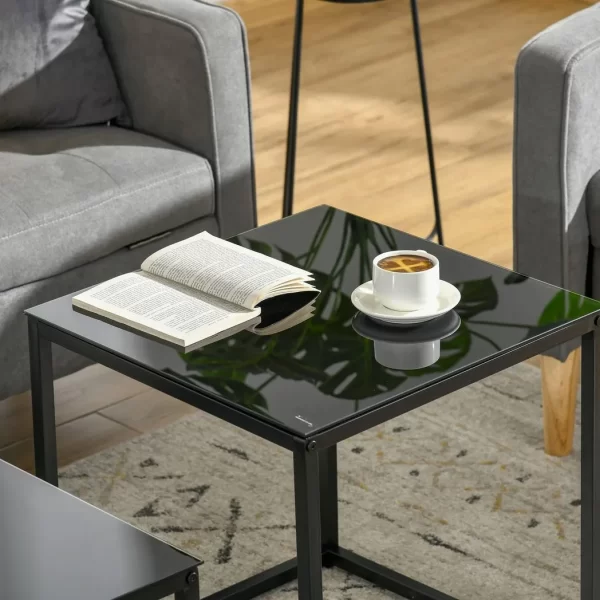 Nest of 2 Side Tables Set of Bedside Tables w/ Tempered Glass Desktop Black - Image 8