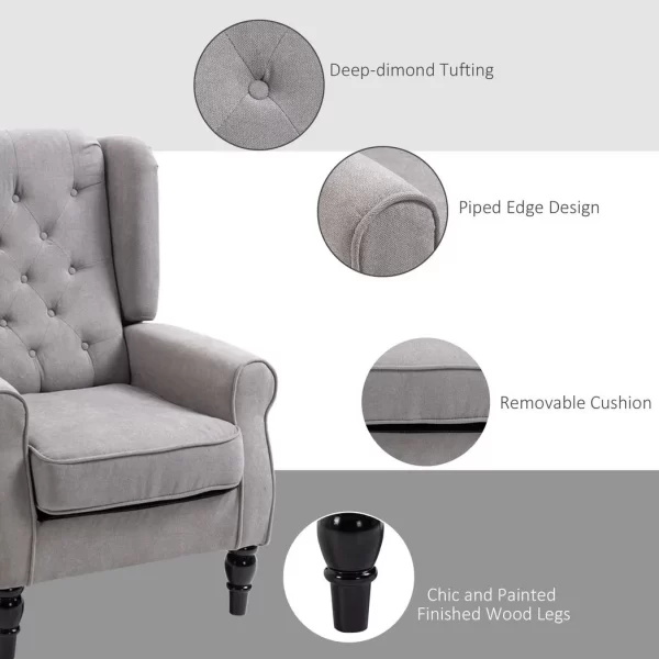 Retro Accent Chair Wingback Armchair with Wood Frame for Living Room Grey - Image 5