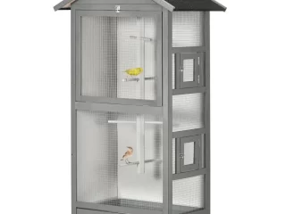 Wooden Bird Aviary for Finch, Canary w/ Removable Tray, Asphalt Roof - Grey