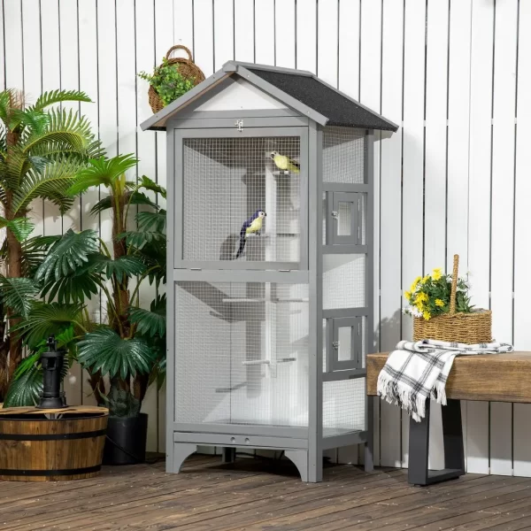 Wooden Bird Aviary for Finch, Canary w/ Removable Tray, Asphalt Roof - Grey - Image 2