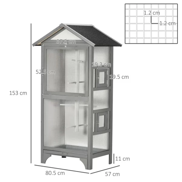 Wooden Bird Aviary for Finch, Canary w/ Removable Tray, Asphalt Roof - Grey - Image 3