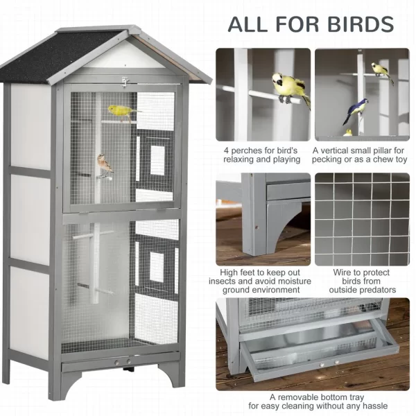 Wooden Bird Aviary for Finch, Canary w/ Removable Tray, Asphalt Roof - Grey - Image 5