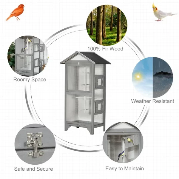 Wooden Bird Aviary for Finch, Canary w/ Removable Tray, Asphalt Roof - Grey - Image 7