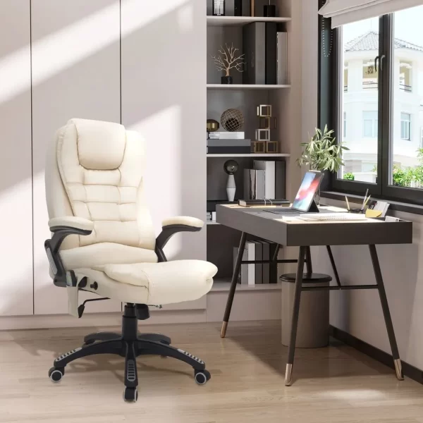Executive Office Chair with Massage and Heat PU Leather Reclining Chair, Beige - Image 2